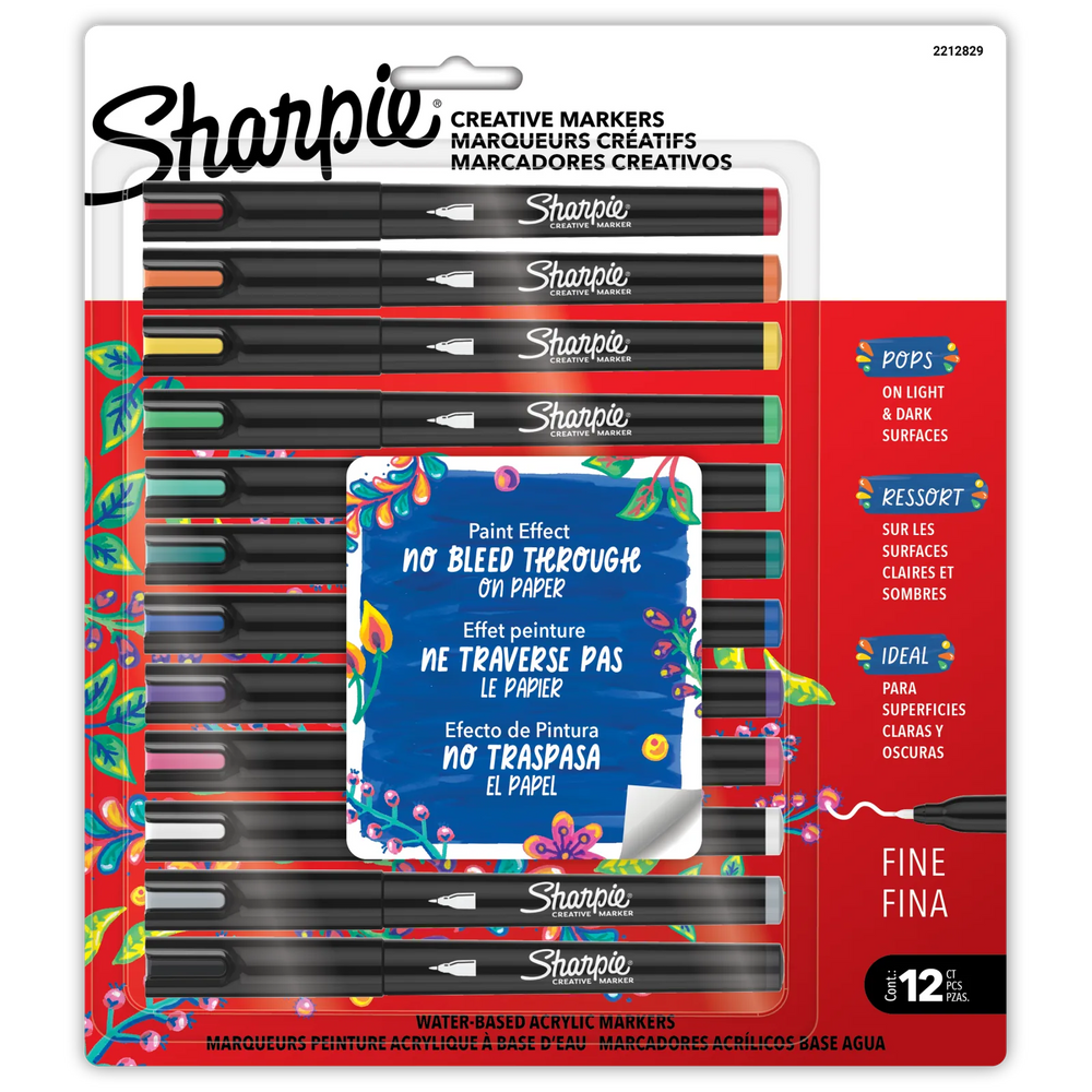 Sharpie Creative Markers, Water-Based Acrylic Paint Markers, Fine Tip, Assorted, 12 Count