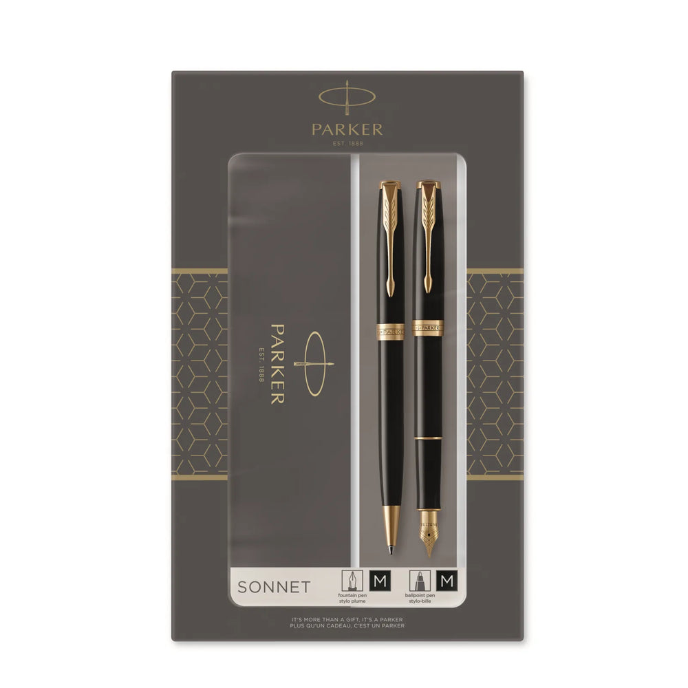 Parker Sonnet Duo Gift Set with Ballpoint Pen & Fountain Pen (18K Gold Nib) | Gloss Black with Gold Trim | Black Refill