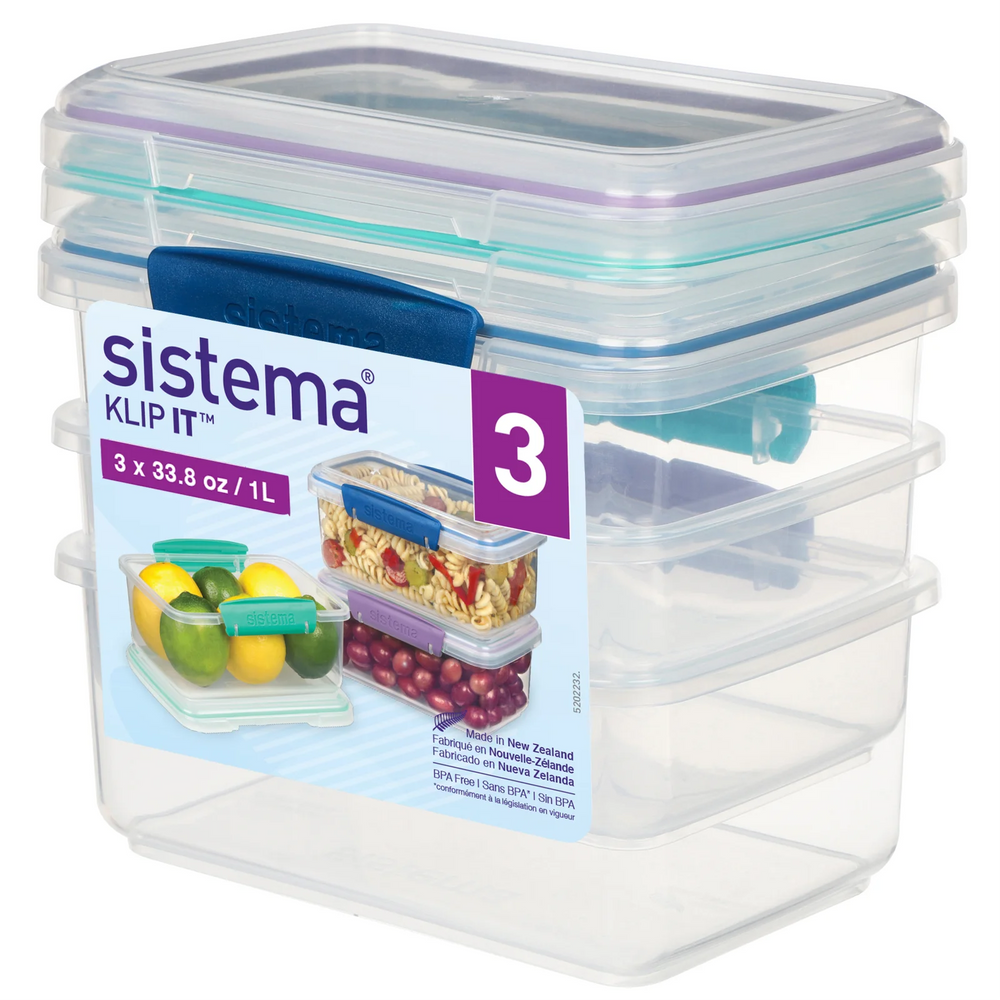 Sistema Klip It Food Storage Containers, 1 L, Assorted Colours, 3 Pack