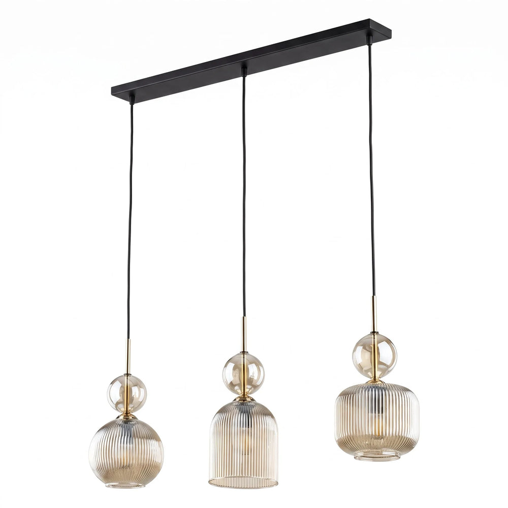 Suspension linéaire à 3 lumières en verre cannelé cognac SOPHIA pour salle à manger, salon et cuisine