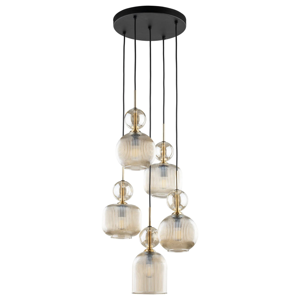 SOPHIA Suspension multiple 5 lumières en verre côtelé cognac pour salle à manger, salon et couloir