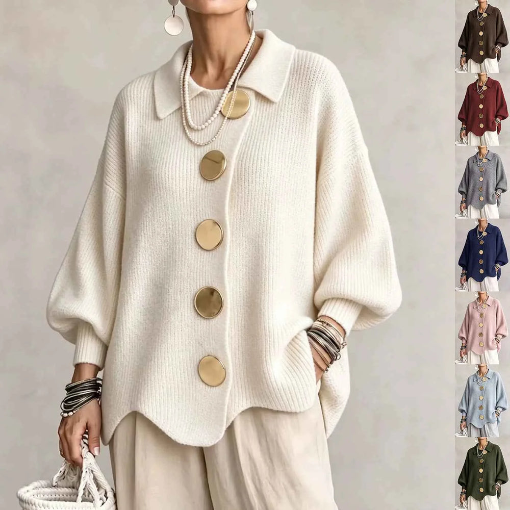 Women’s Button-Down Knit Cardigan – Lapel Collar Long-Sleeve Loose-Fit Fall & Winter Sweater