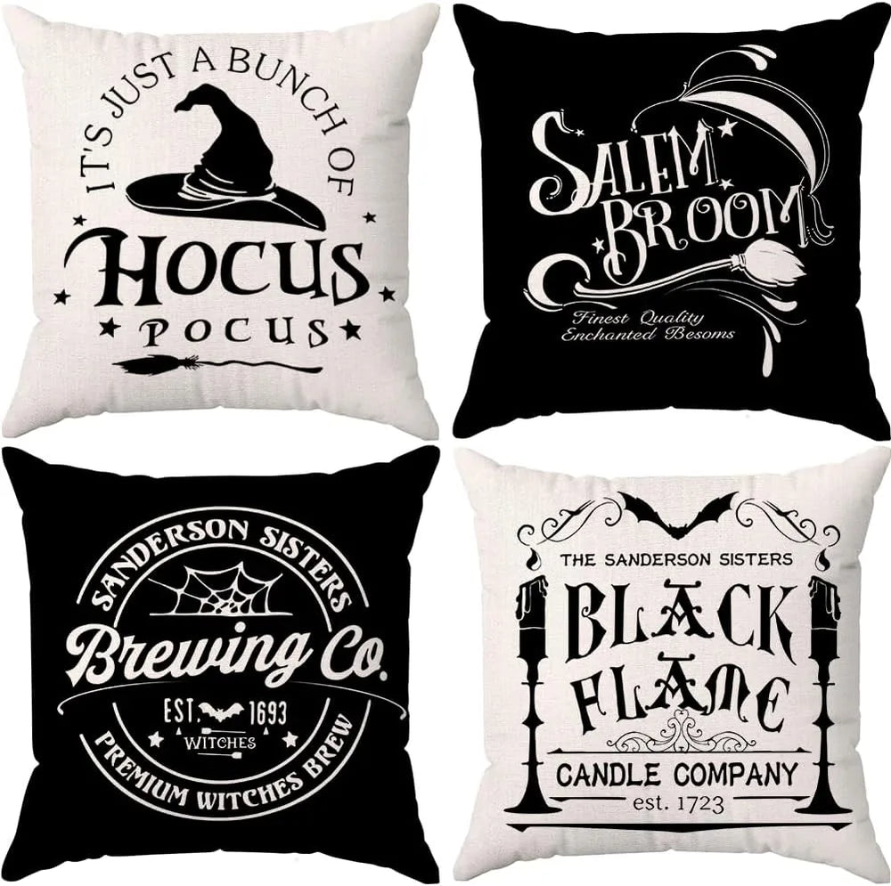 Set of 4 Halloween Pillow Covers 18 × 18 in – Hocus Pocus Black & White Fall Decor (Canada Delivery Only)