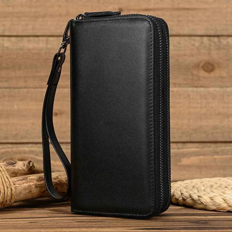 Portefeuille long pour homme en cuir véritable gaufré, pochette d'affaires style rétro