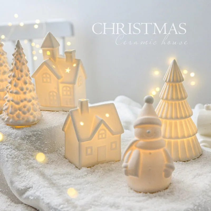 Village de Noël en céramique – Décoration de Fêtes lumineuse pour bureau, 5 styles