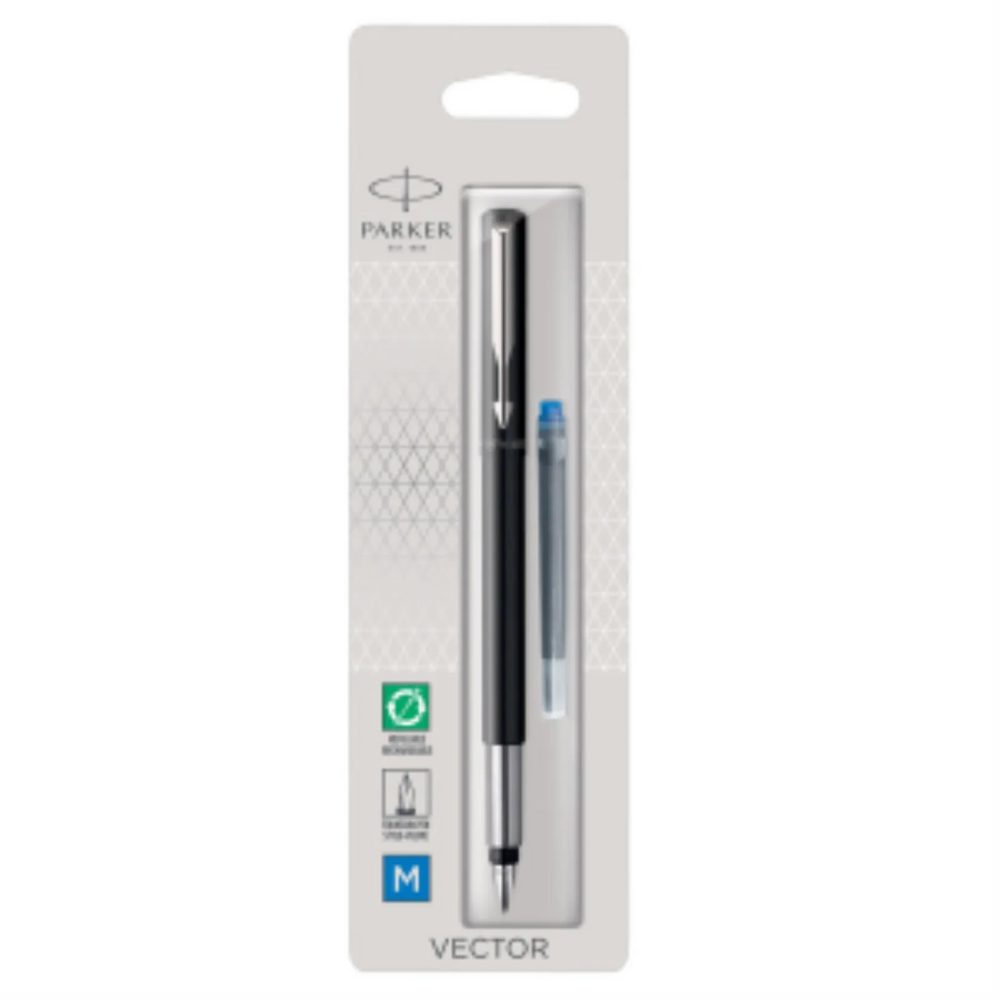 Parker Vector Fountain Pen, Black with Chrome Trim, Medium Nib, Blue Ink, Hangtab