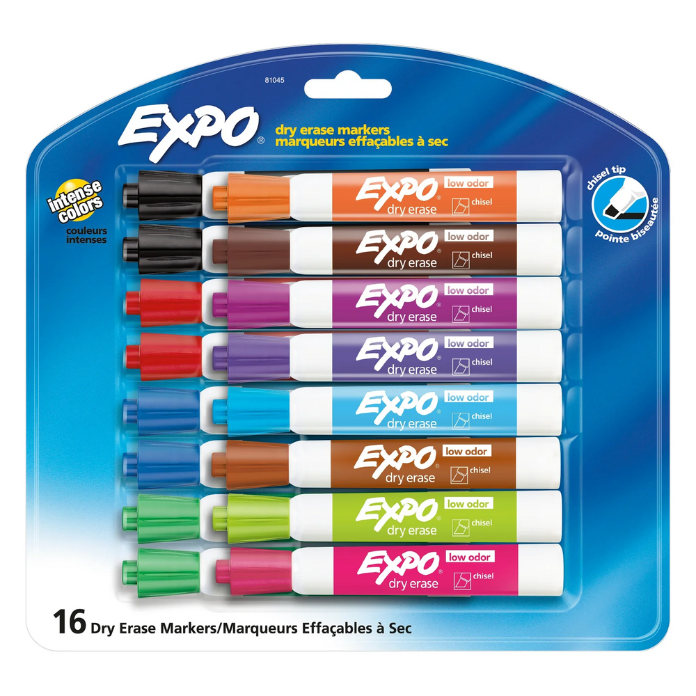 EXPO Dry Erase Markers, Low Odour Ink, Assorted Colours, Chisel Tip, 16 Count