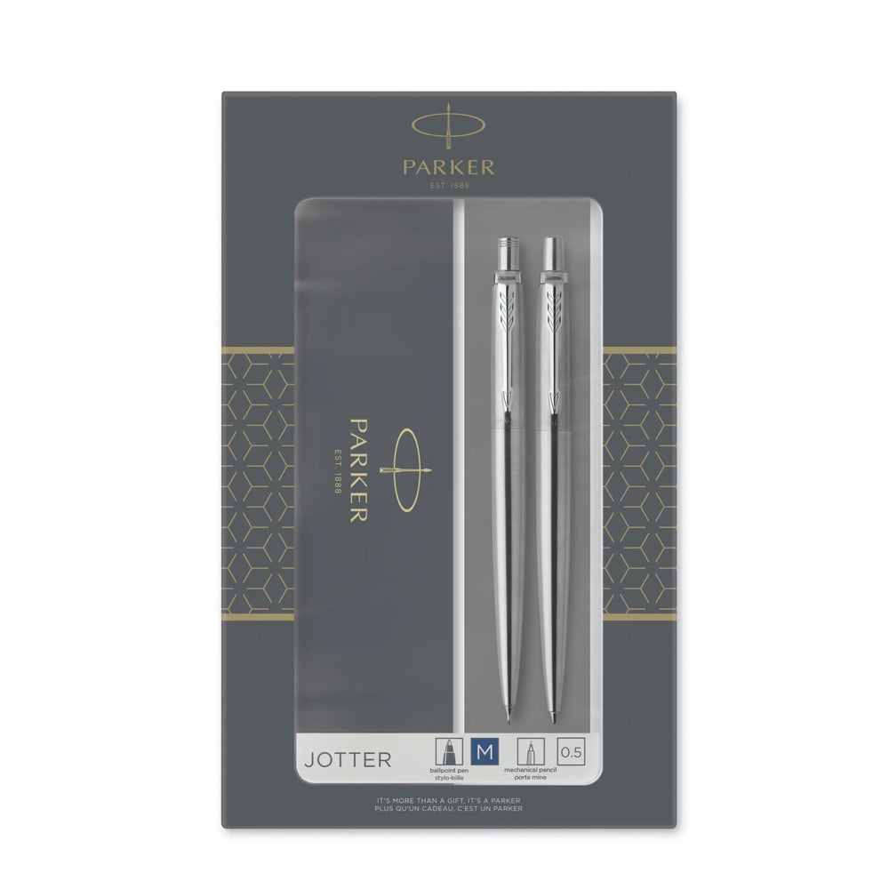Parker Jotter Duo Gift Set with Ballpoint Pen & Mechanical Pencil (0.5mm), Stainless Steel with Chrome Trim, Blue Ink Re
