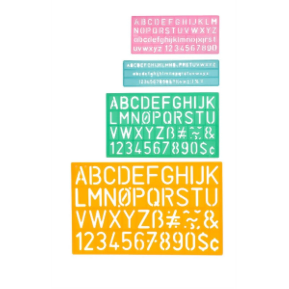 4 Piece Lettering Guide, Uppercase, Letters and Numbers Ensembles de 4 pochoirs, majuscules, lettres, et nombres