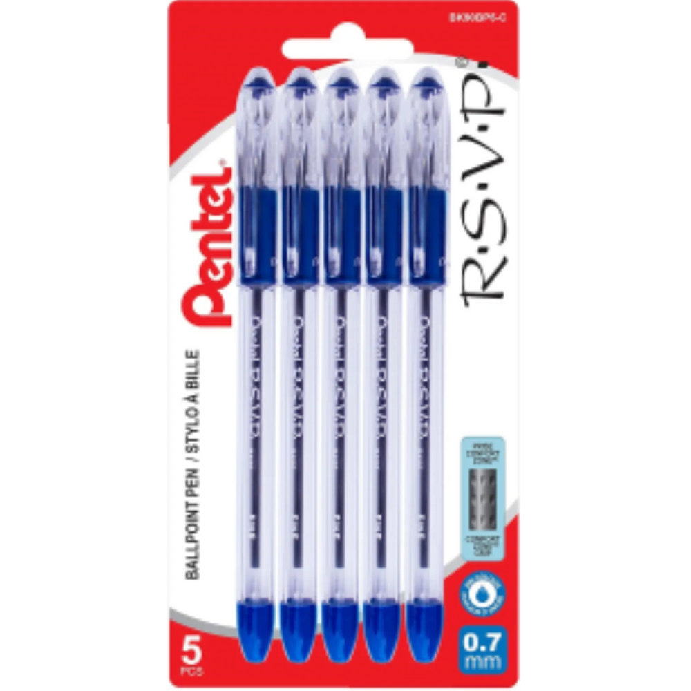 R.S.V.P. Ballpoint Pen, (0.7mm), Blue Ink, 5PC Pack