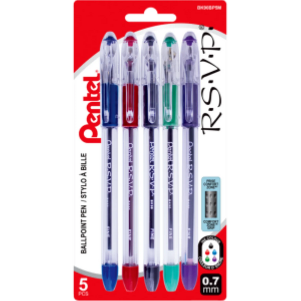 R.S.V.P. Ballpoint Pen, (0.7mm), Assorted Ink (A/B/C/D/V), 5PC Pack