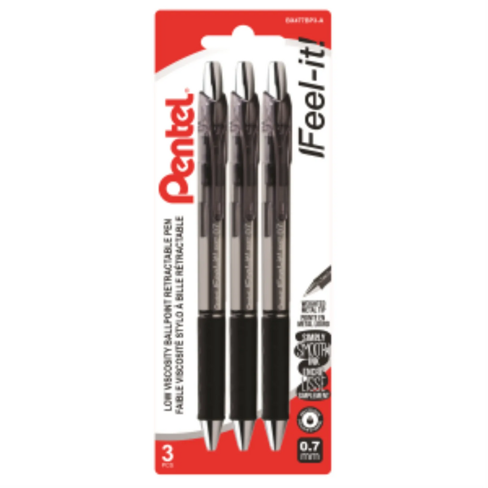 Feel-It! Retractable Ballpoint Pen, (0.7mm), Black Ink, 3PC Pack