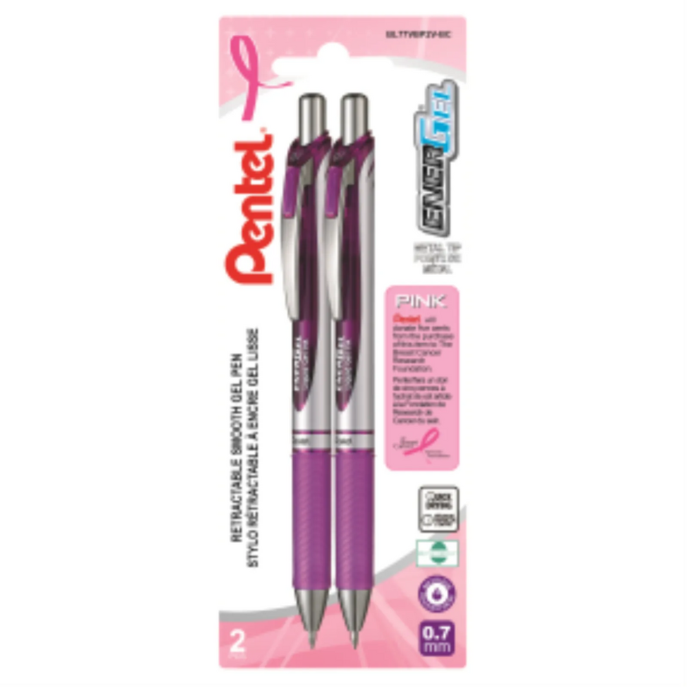 EnerGel Retractable Gel Roller, (0.7mm) Metal Tip, 2PC Pack, Pink Ribbon Barrel, Purple Ink