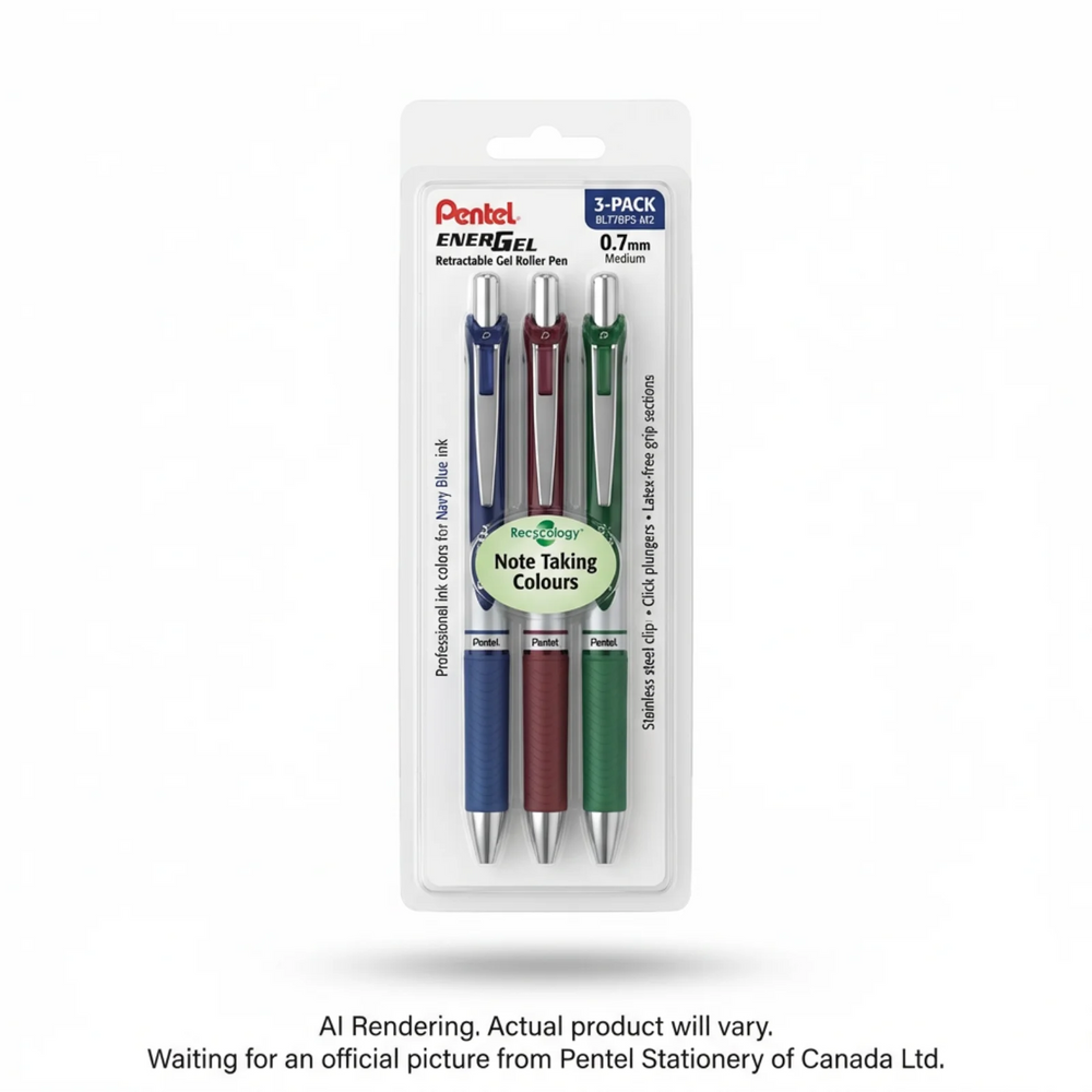 Pentel EnerGel Retractable Gel Roller, (0.7mm) Metal Tip, 3PC Pack Assorted Note Taking Colours