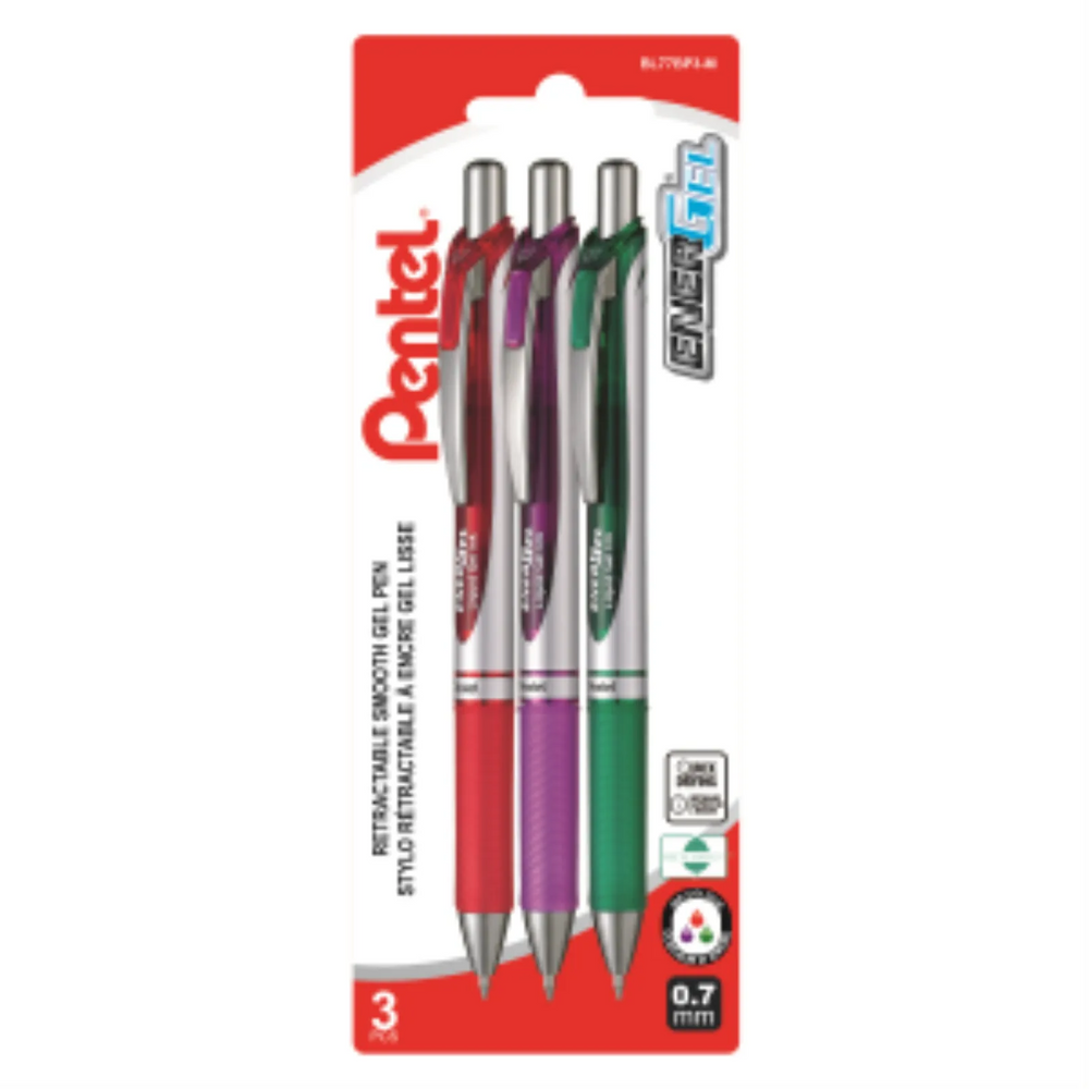 EnerGel Retractable Gel Roller, (0.7mm) Metal Tip, 3PC Pack Assorted