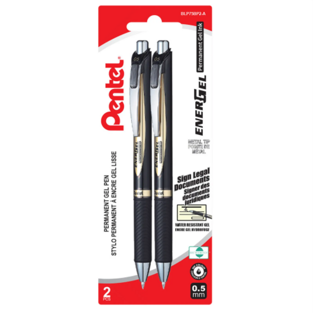 EnerGel Permanent Retractable Liquid Gel Pen, (0.5mm) Needle Tip, Black Ink, 2PC Pack
