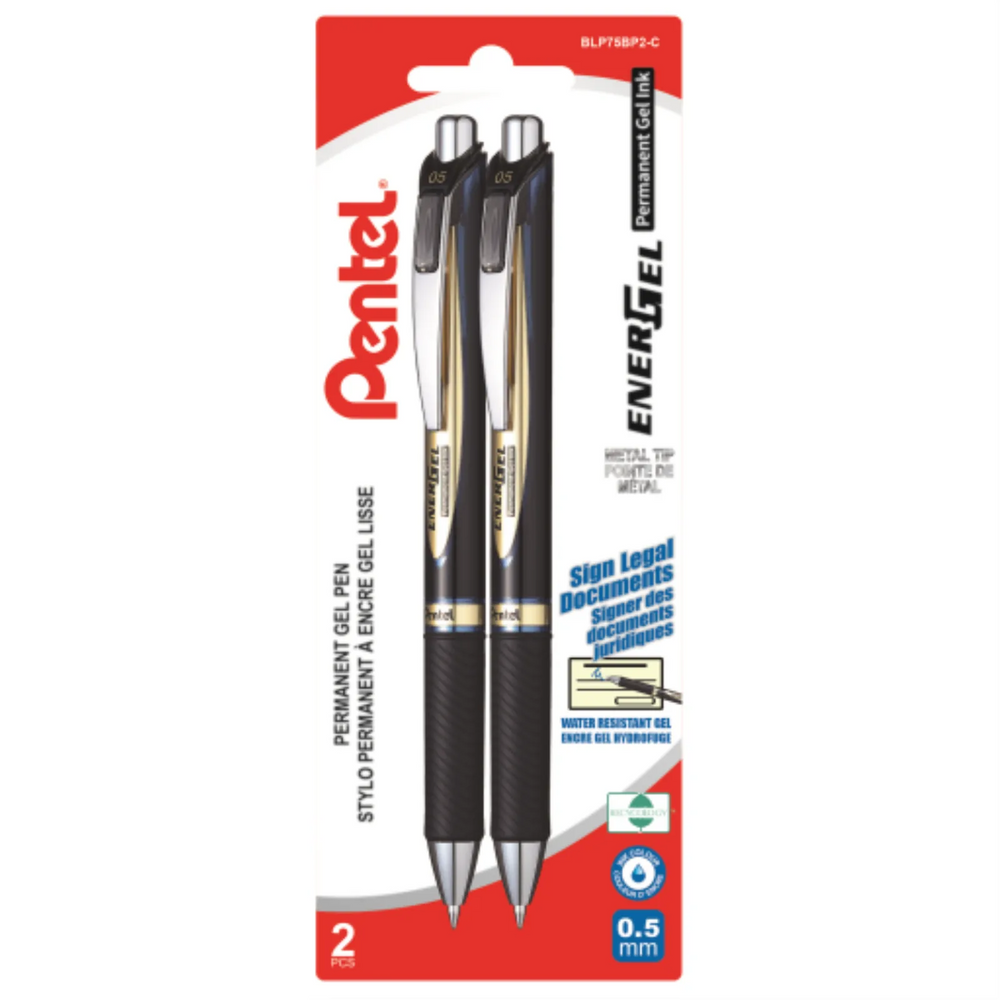 EnerGel Permanent Retractable Liquid Gel Pen, (0.5mm) Blue Ink, 2PC Pack