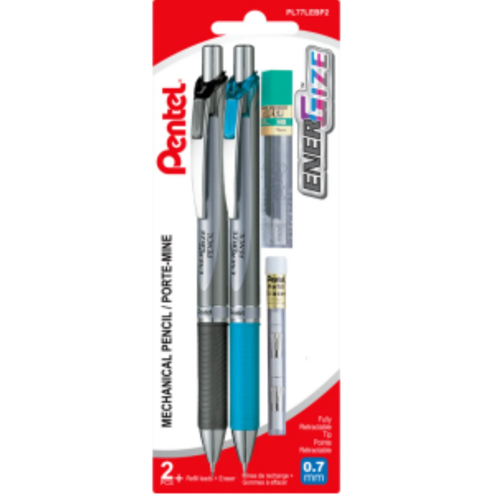 EnerGize Retractable Mechanical Pencil (0.7mm) 2PC Pack with 0.7mm Refill Lead and Refill Eraser