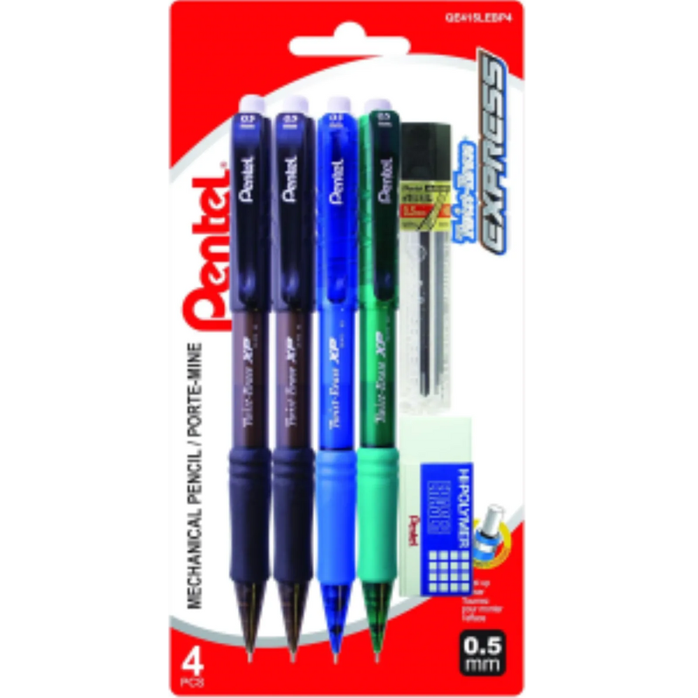 Twist-Erase Express Mechanical Pencils, (0.5mm) Assorted Colours, 4PC Pack with Refill Lead and Eraser