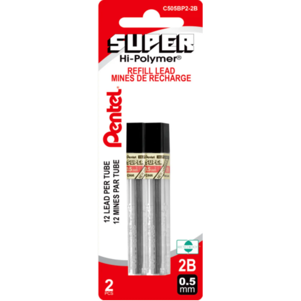Hi-Polymer Super Lead Refill (0.5mm), 2B, 12 Leads per Tube, 2PC Pack