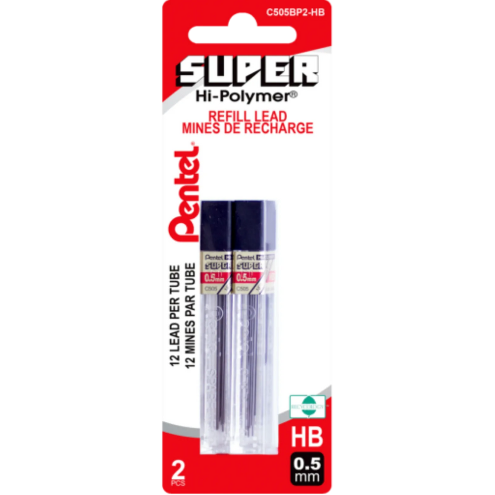 Hi-Polymer Super Lead Refill (0.5mm), HB, 12 Leads per Tube, 2PC Pack