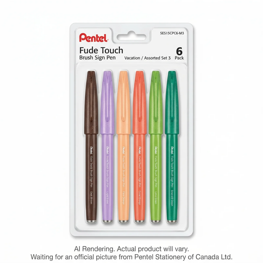 Pentel Arts Brush Sign Pen, Flexible Brush Pen, 6PC Pack Assorted Colours 3