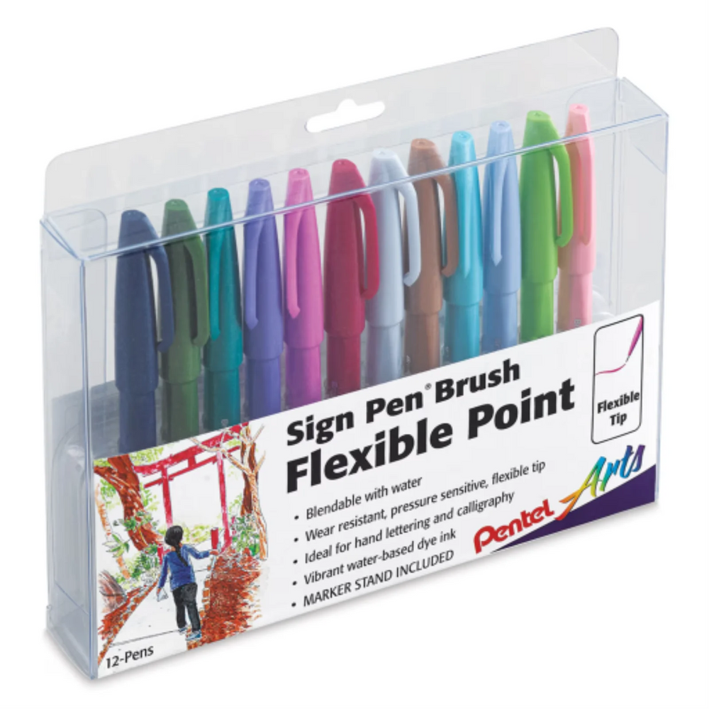 Pentel Arts Brush Sign Pen, Second Generation Colours 12PC PK Asstd. (B2/CA/D2/D3/E2/K/N2/P2/P3/S2/D3/V2)