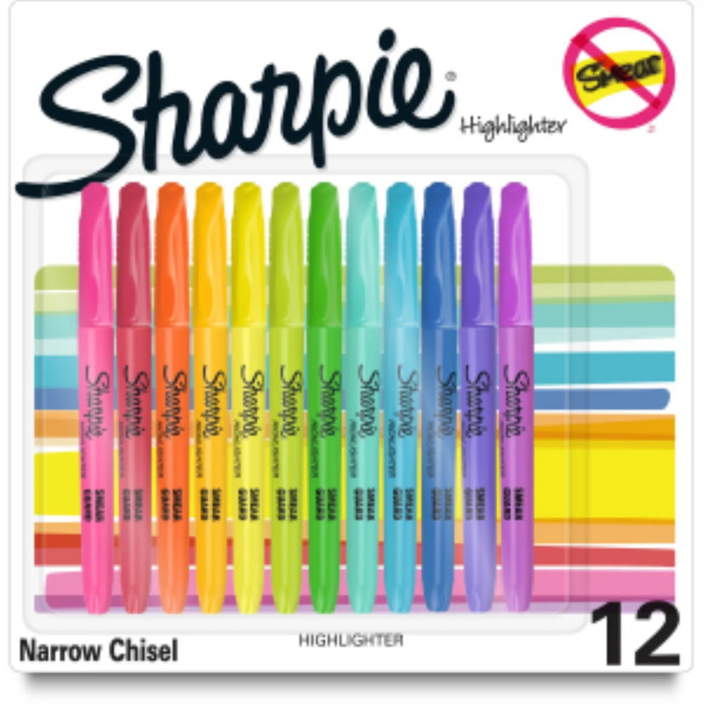 Sharpie Pocket Highlighters, Narrow Chisel Tip, Assorted, 12 Count