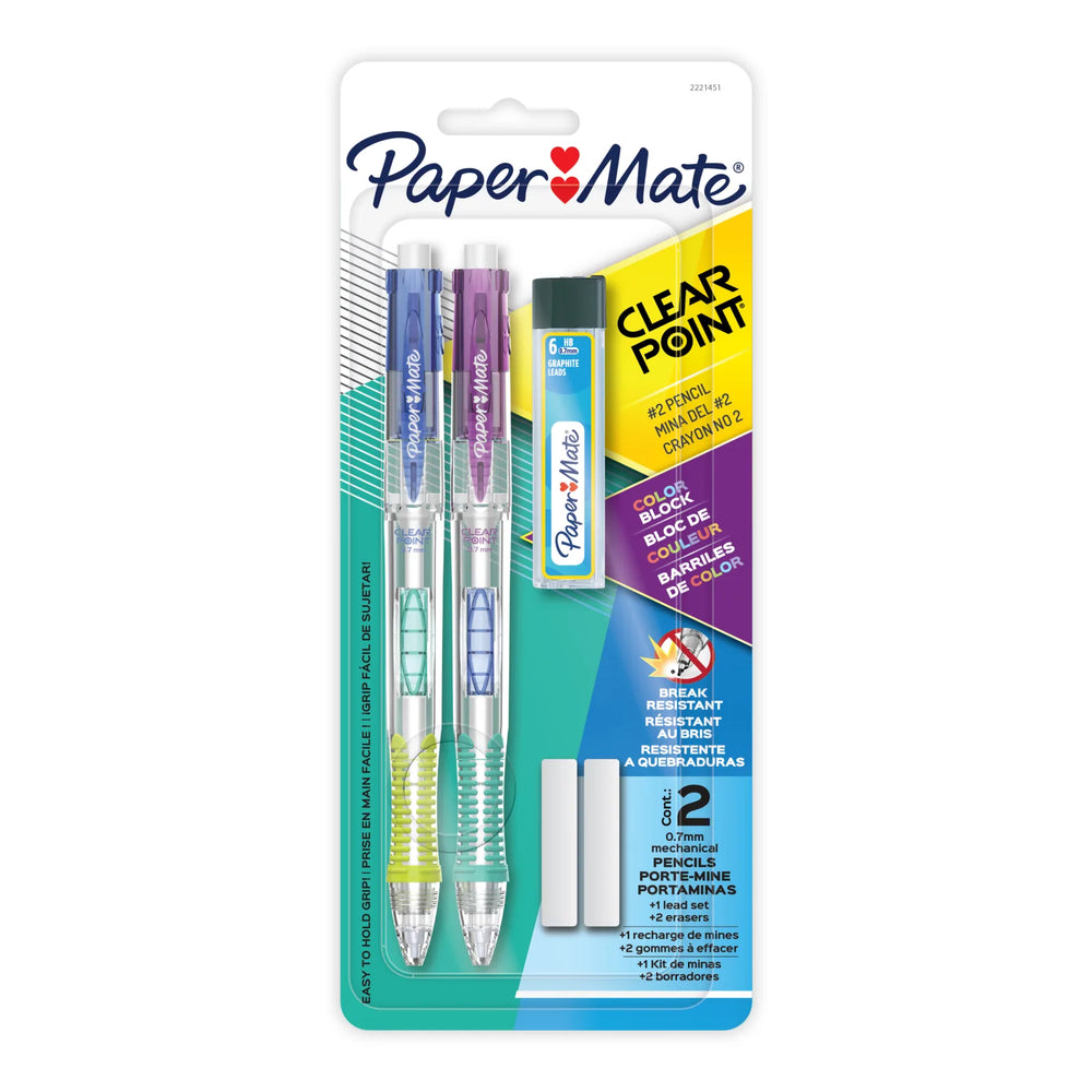 Paper Mate Clearpoint Mechanical Pencil, Break-Resistant, Colour Block Edition, HB #2 Lead (0.7mm), Includes Eraser and