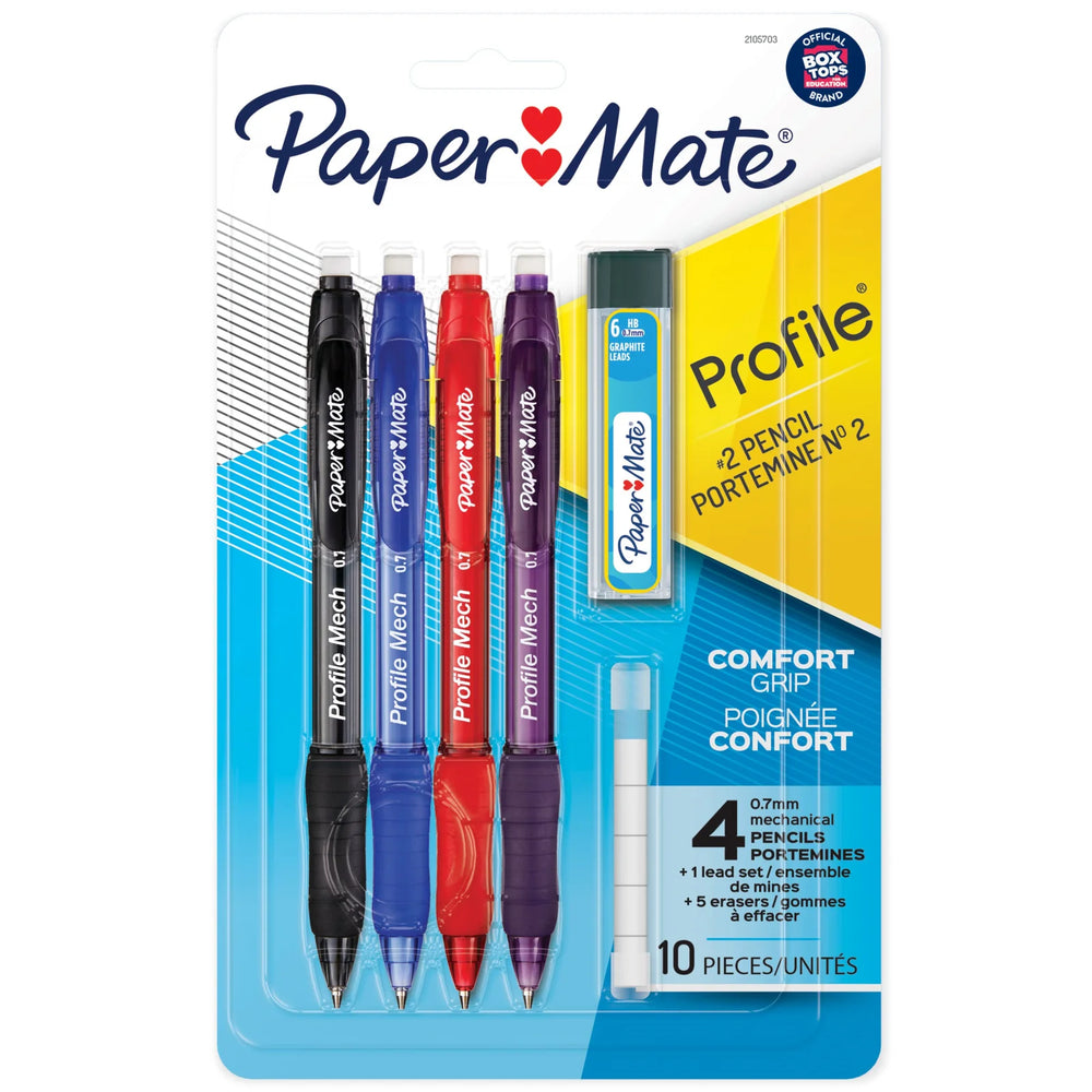 Paper Mate Profile Mech Mechanical Pencil Set, 0.7 mm #2 Pencil Lead, Includes Lead and Eraser Refills, Assorted Barrel