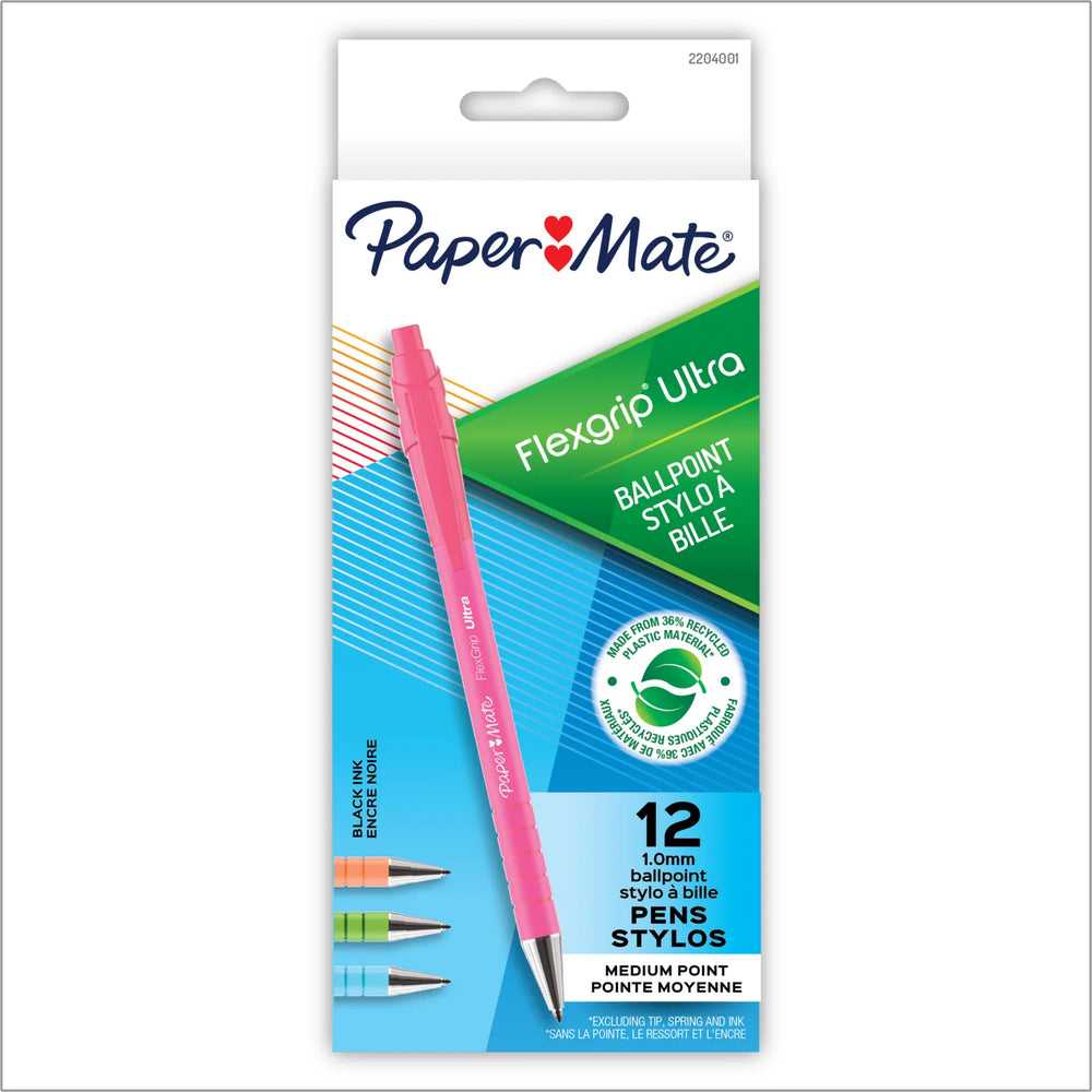 Paper Mate FlexGrip Ultra Ballpoint Pens, Made from Recycled Plastic Materials, Assorted Barrel Colours, Medium Point (1