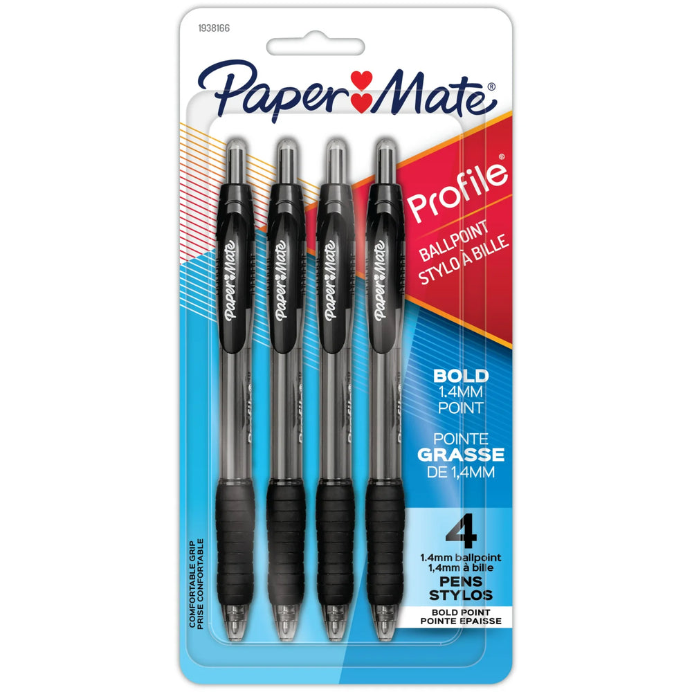 Paper Mate Profile Retractable Ballpoint Pens, Bold Point (1.4 mm), Black, 4 Count