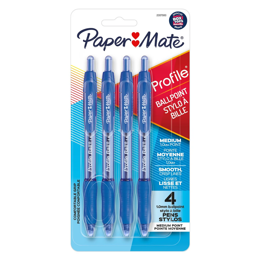 Paper Mate Ballpoint Pen, Profile Retractable Pen, Medium Point (1.0 mm), Blue, 4 Count