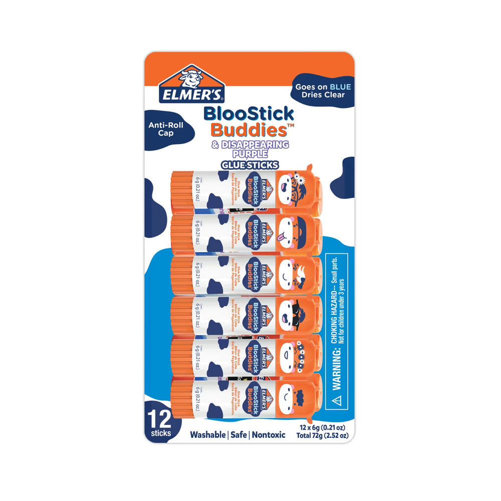 Elmer's BlooStick Buddies Glue Sticks, Disappearing Blue Glue Stick, Anti-Roll Cap, 6g, 12 Count
