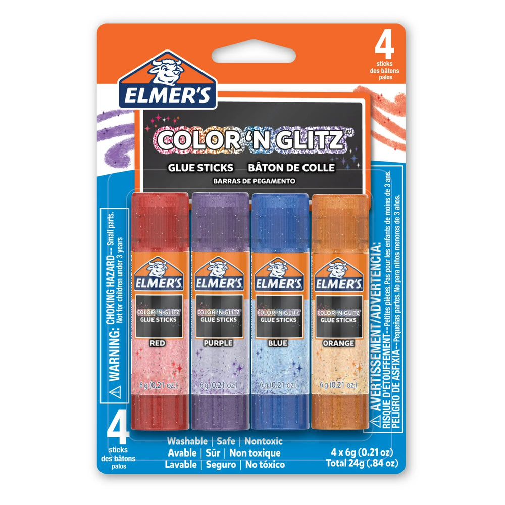 Elmer’s Colour 'n Glitz Glue Sticks Variety Pack, Washable, Assorted Colours, 6 Grams, 4 Count