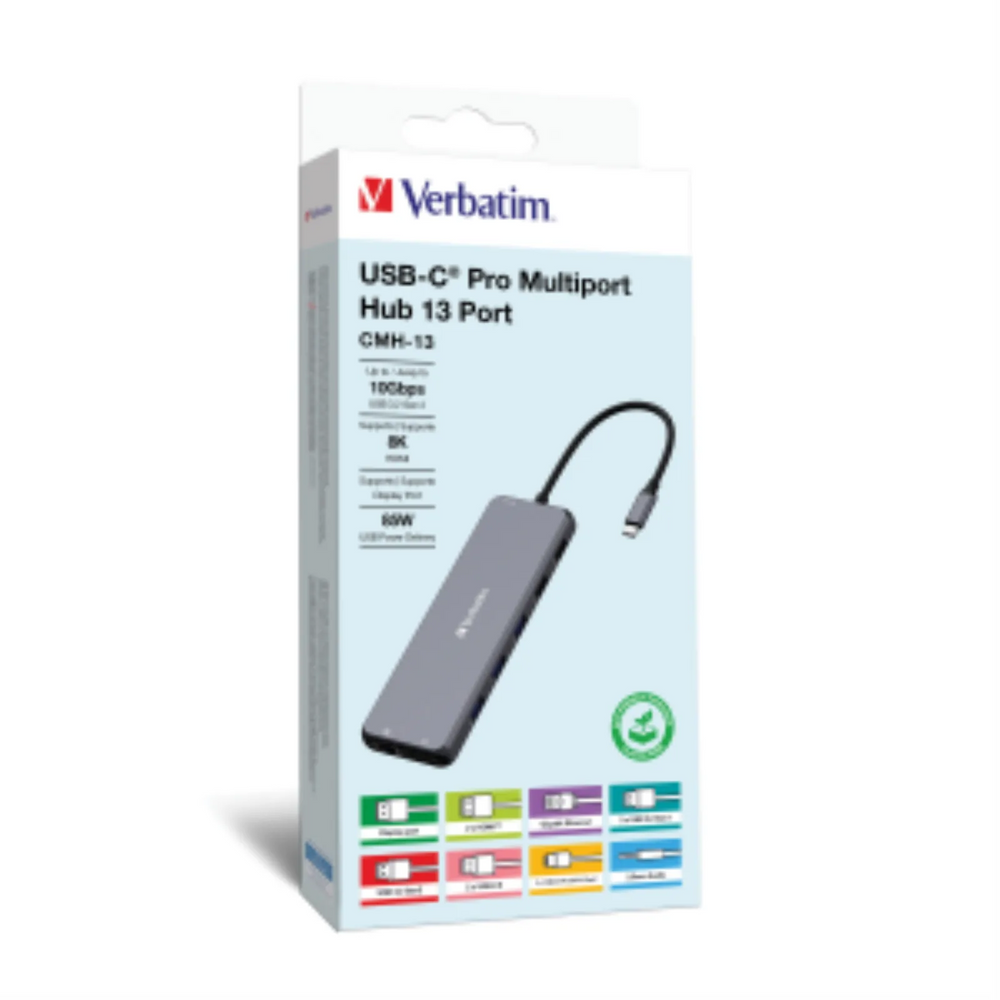Verbatim CMH-13 USB-C Multiport Hub USB 3.1 GEN 2 PD x 2 / USB-A 3.0 x 3 / USB-A 3.1 / USB-A 2.0 x 2 / HDMI x 2 / DP / R