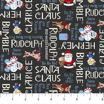 Rudolph the Red Nosed Reideer - Northcott Fabrics - Phrases Charcoal - RD1006-96