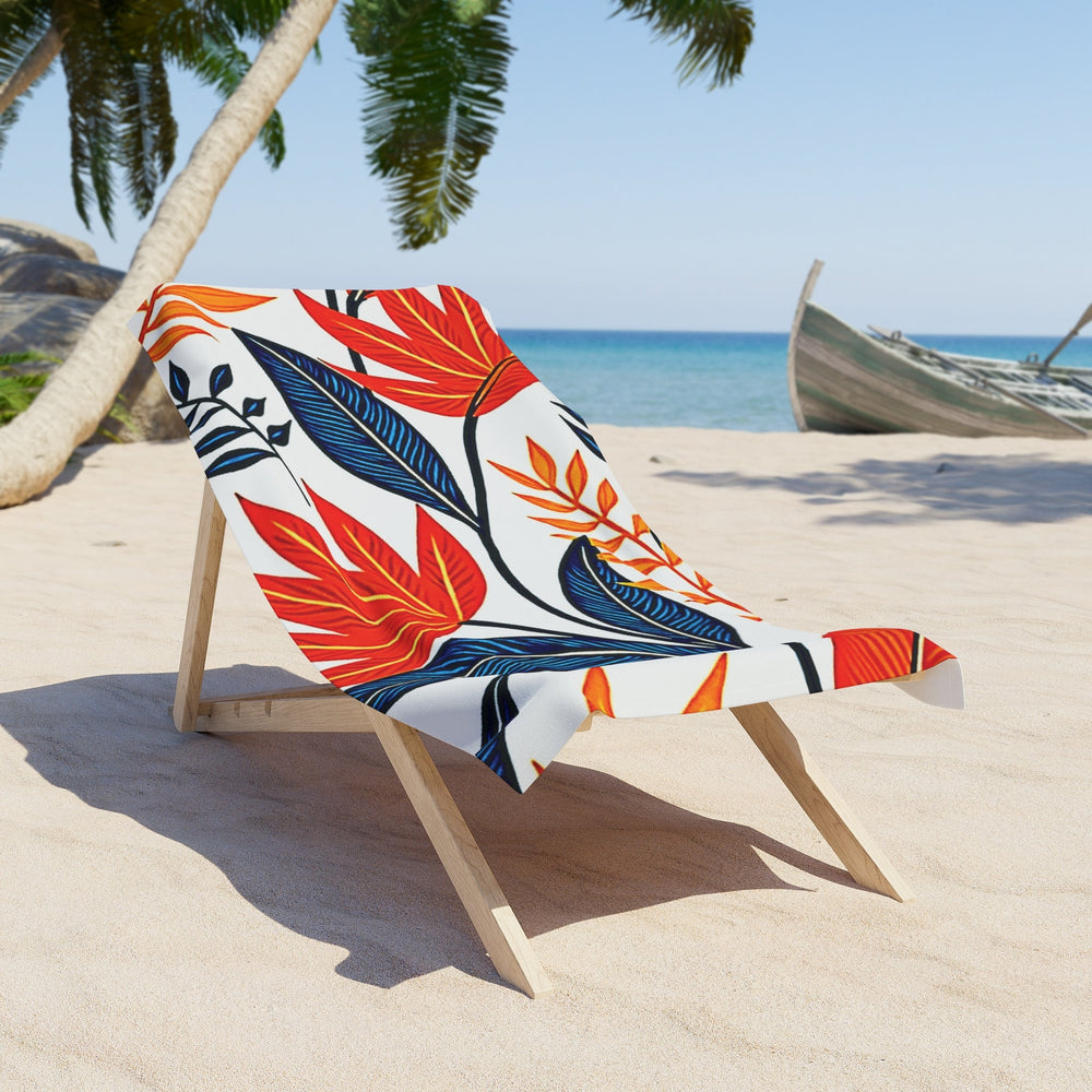 Serviette de plage aux feuilles tropicales – Imprimé floral audacieux rouge et bleu