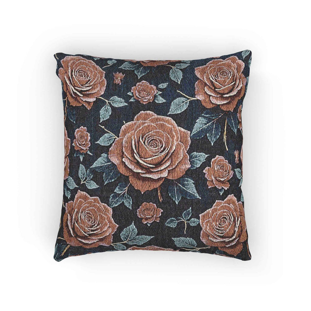 Coussin tissé Rose Vintage | Style tapisserie florale, fond marine