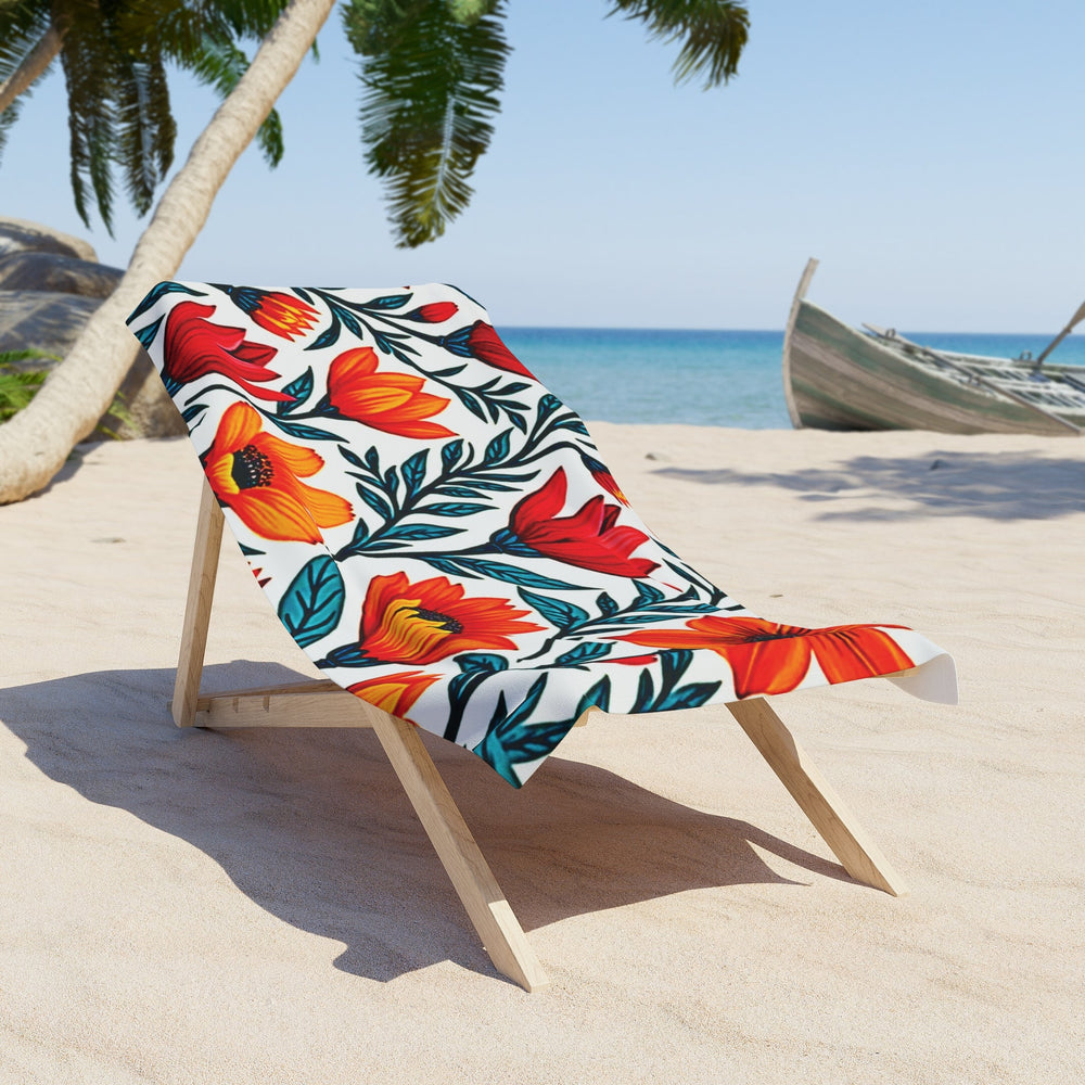 Floral Sunset Beach Towel — Vibrant Red & Orange Bloom Pattern
