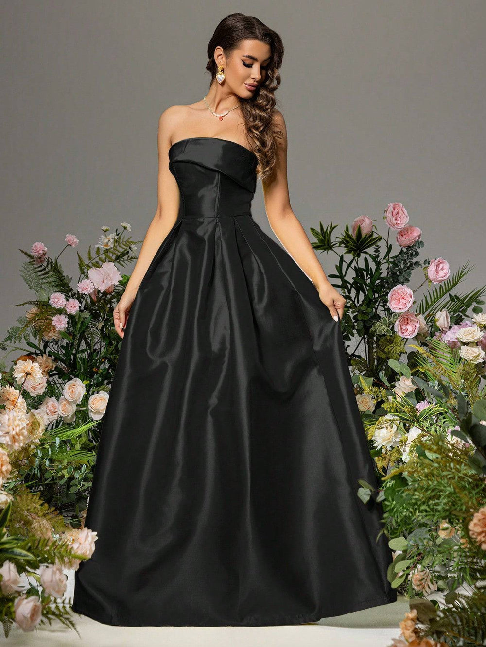Robe Longue Bouffante Sans Bretelles en Tafetas - Noir