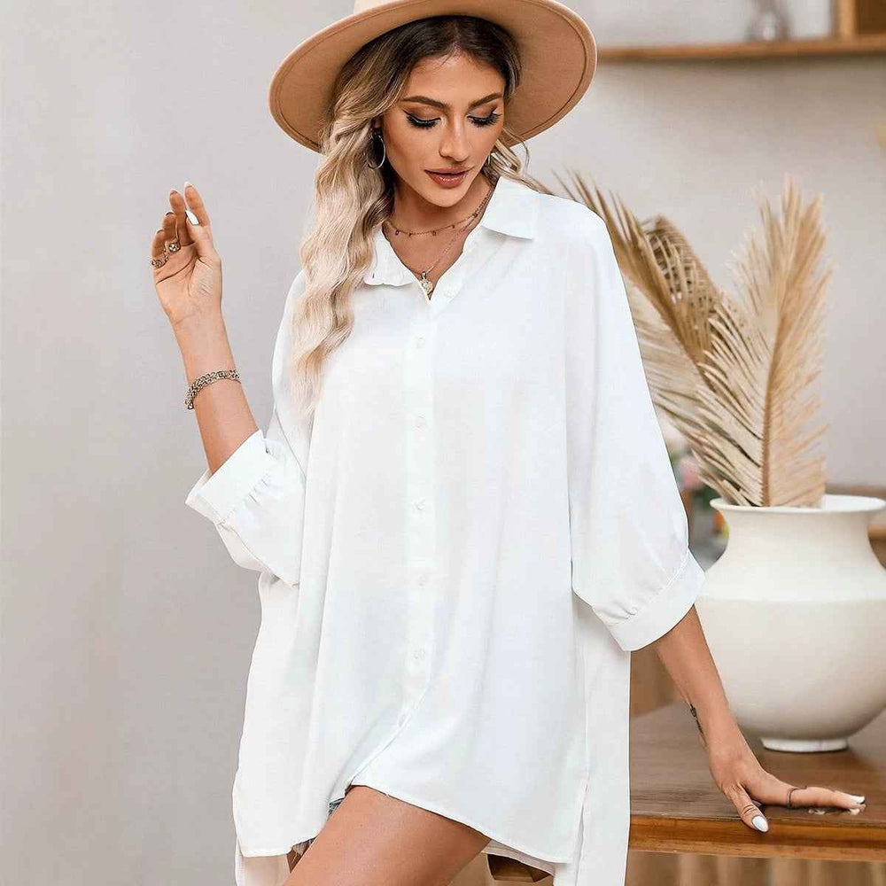 Chemise décontractée boutonnée pour femme, couleur unie, été