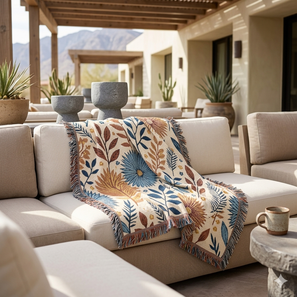 Floral Woven Blanket — Reversible Boho Throw for Living Room & Bedroom