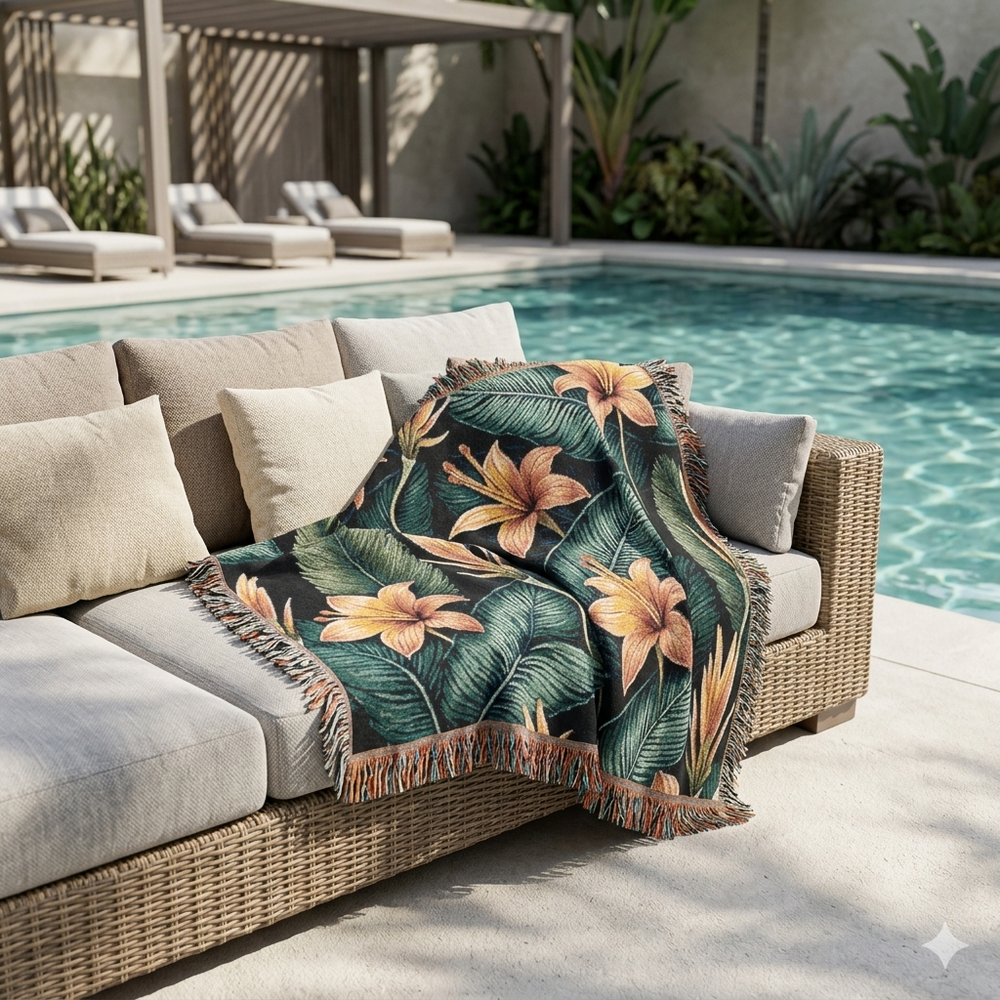Tropical Lily Woven Blanket — Floral Throw for Living Room & Patio