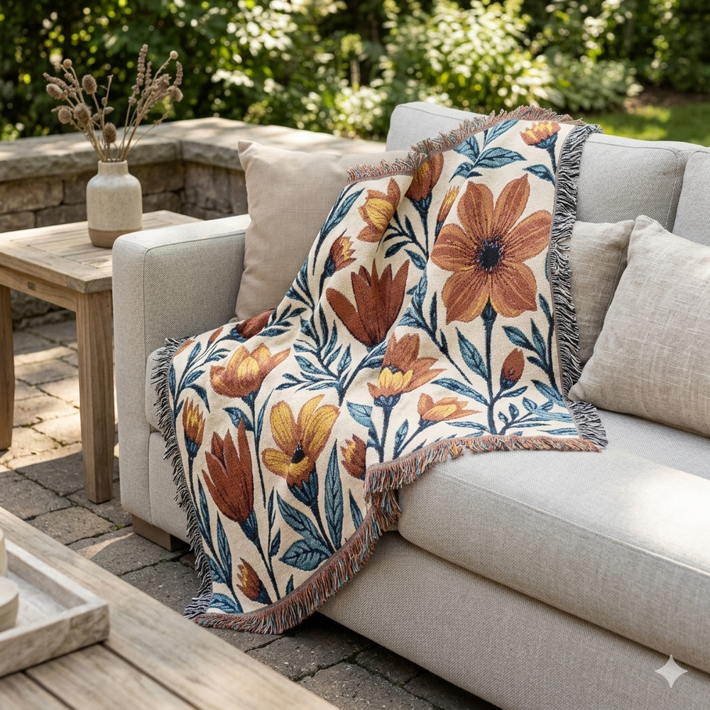 Woven Blanket — Boho Floral Throw Blanket, Vintage-Inspired Tulip & Poppy Pattern