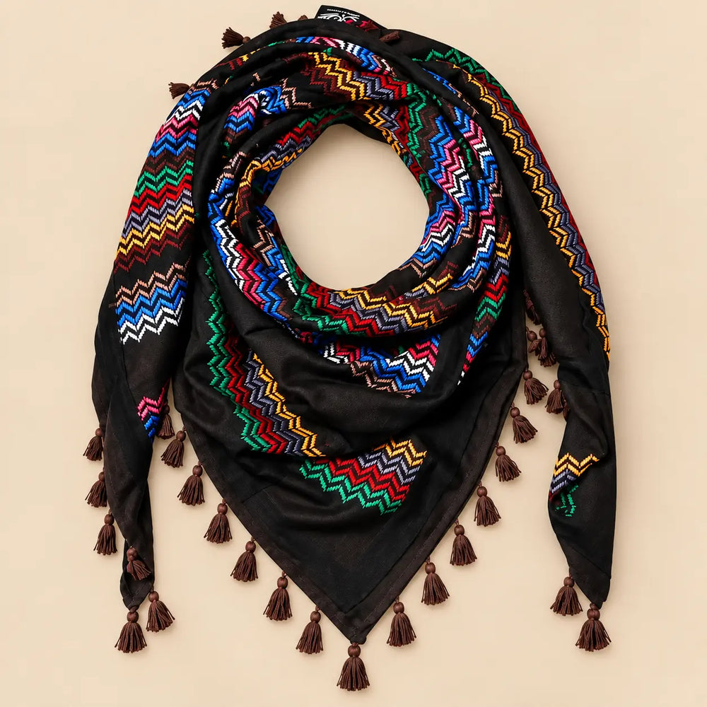 Foulard Keffieh Palestinien Noir avec Broderie Colorée - Keffieh - Sumud