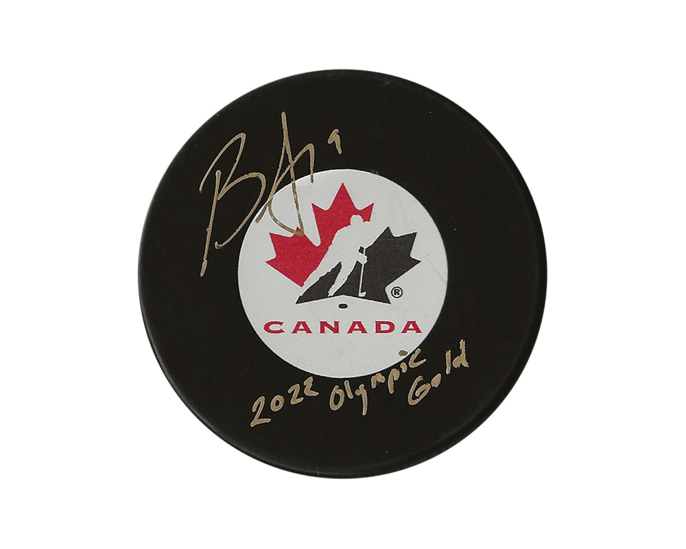 Puck modèle dédicacé Brianne Jenner Équipe Canada avec inscription « Or olympique 2022 »