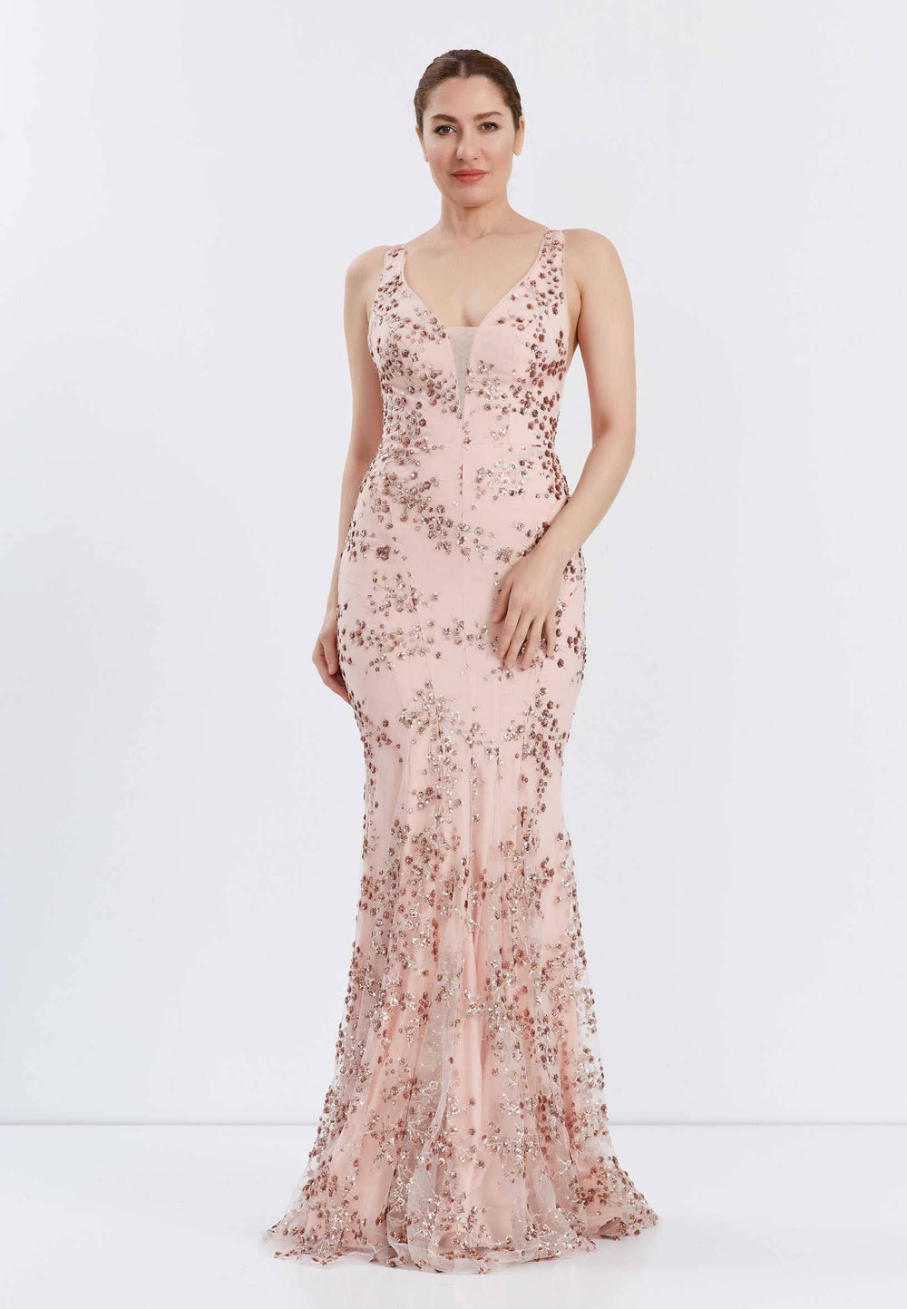 Robe de mariage invitée sirène dos nu en tulle à paillettes florales - Or Rose