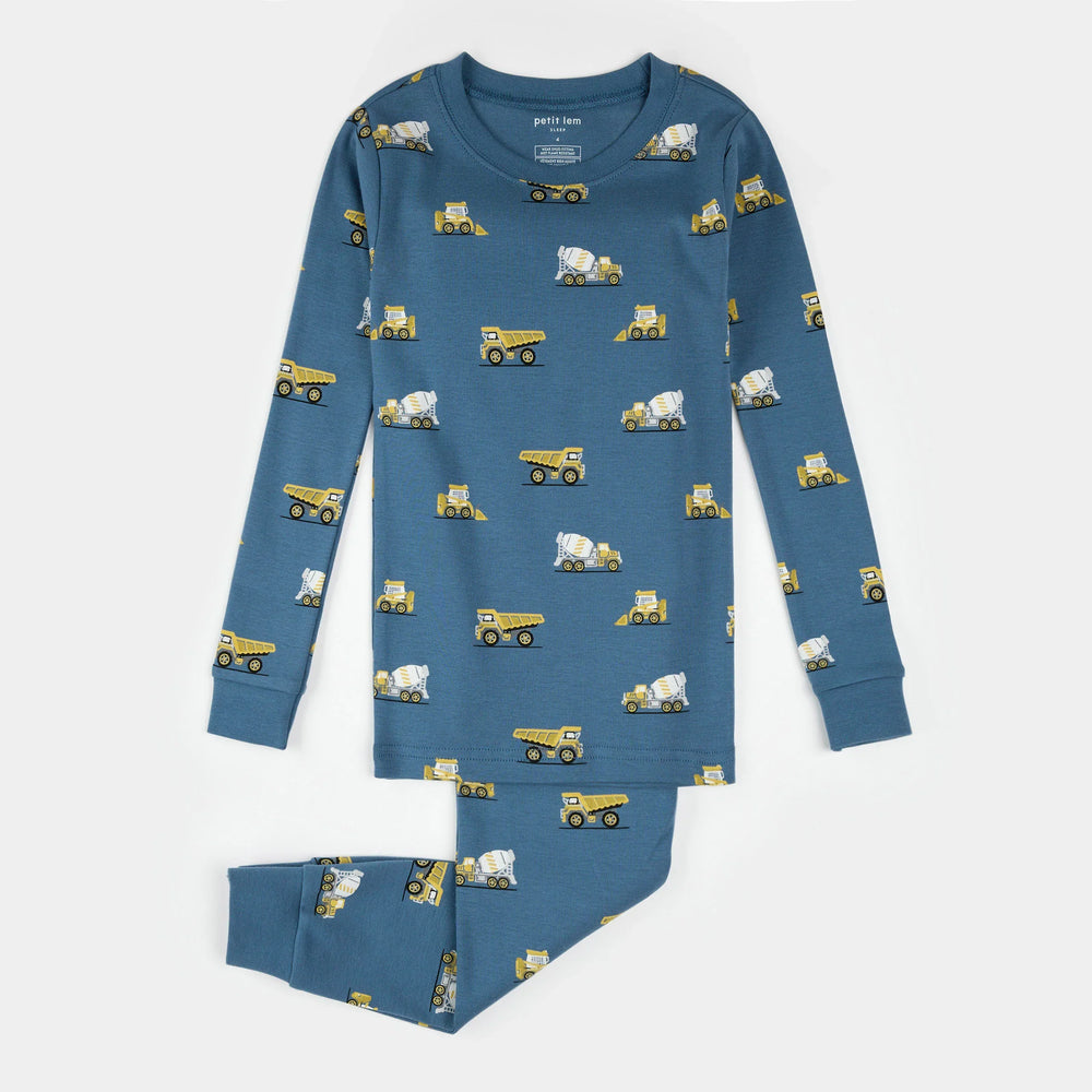PJ Set | Construction Truck Print on Cobalt Blue | Petit Lem