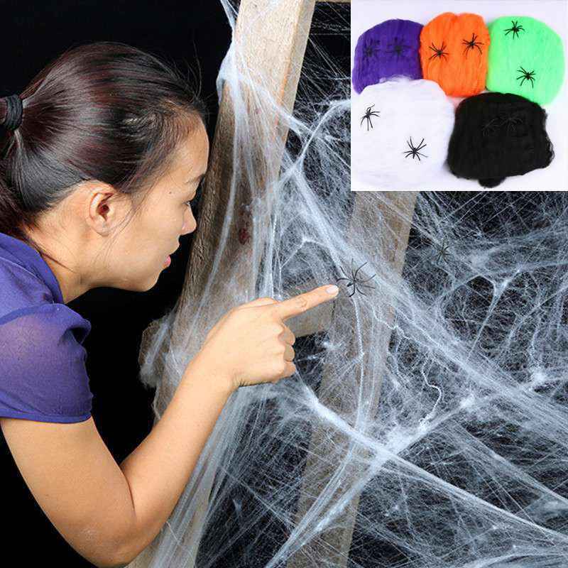 Décoration de toile d'araignée extensible pour l'Halloween – Toile en coton avec mini araignées pour l'intérieur et l'extérieur